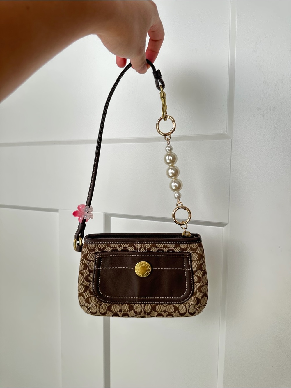Coach Brown Signature Canvas Wristlet with Pearl Accent
